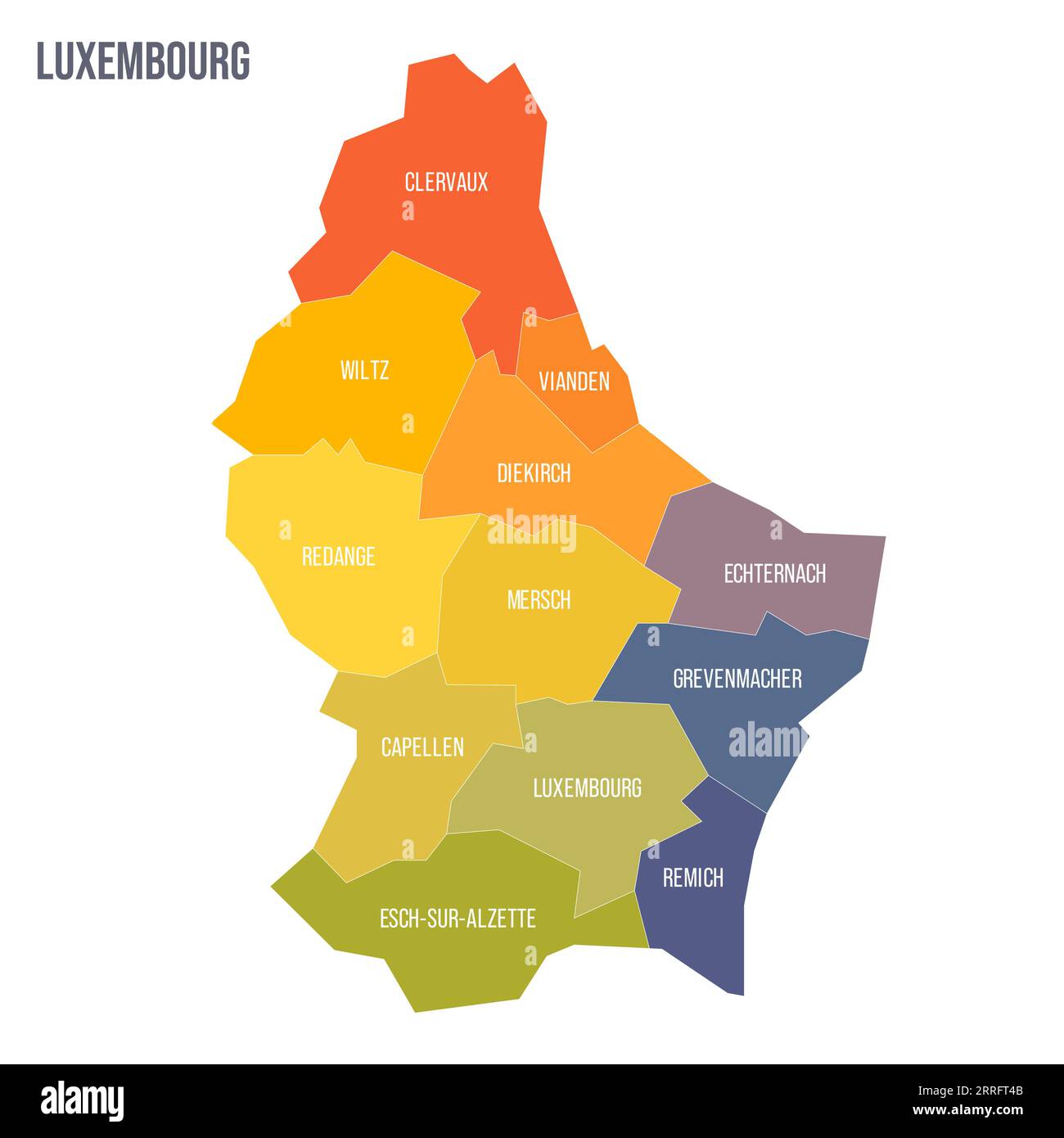 Carte politique luxembourgeoise des divisions administratives - cantons. Carte politique à spectre coloré avec étiquettes et nom du pays. Illustration de Vecteur