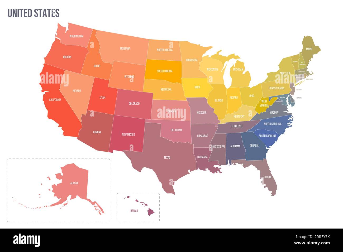 États-Unis d'Amérique carte politique des divisions administratives - États et district fédéral Washington, DC spectre coloré carte politique avec étiquettes et nom du pays. Illustration de Vecteur