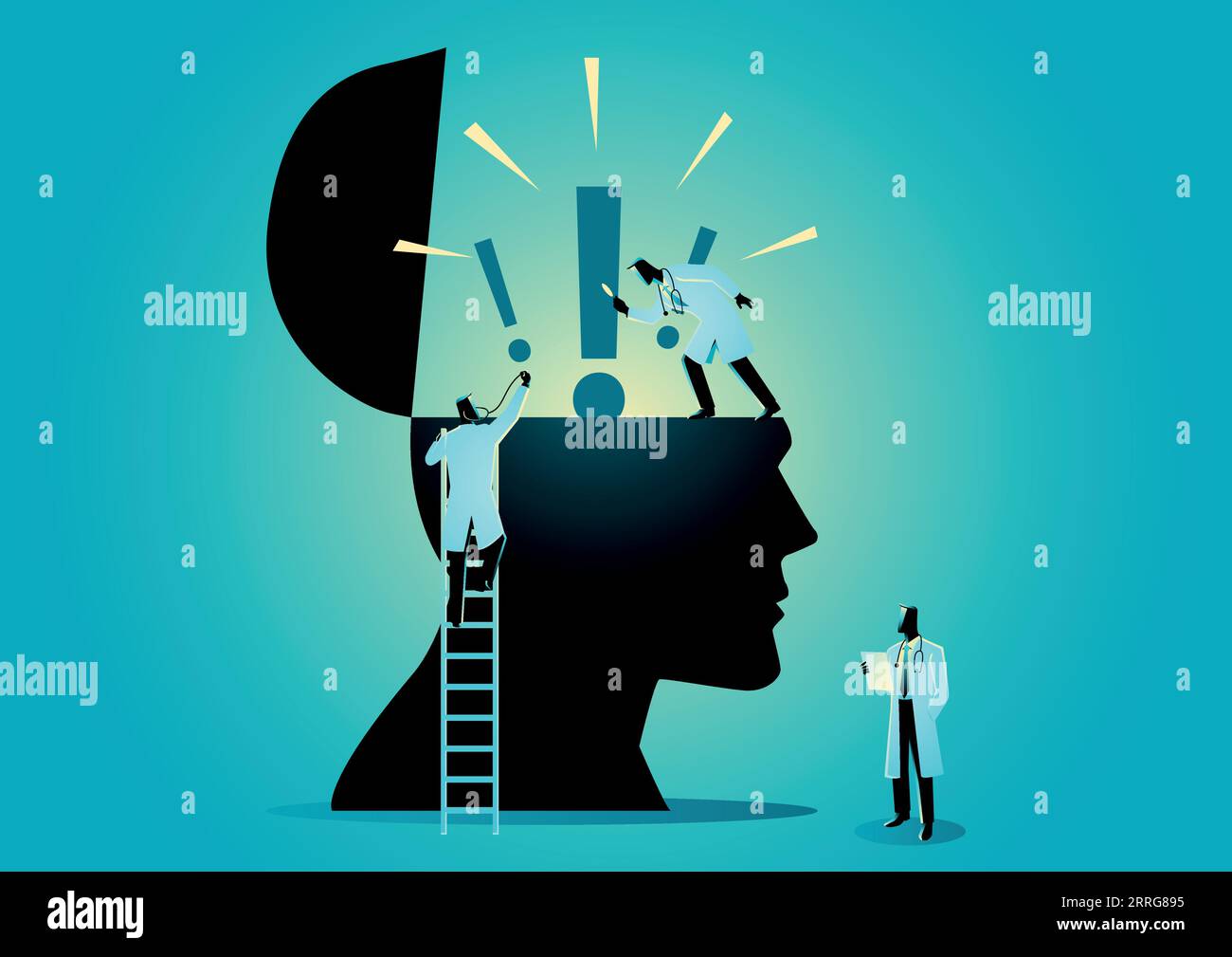 Illustration graphique vectorielle d'une équipe de médecins ou de scientifiques vérifiant l'icône de tête humaine avec un point d'exclamation, symbole du trouble anxieux Illustration de Vecteur