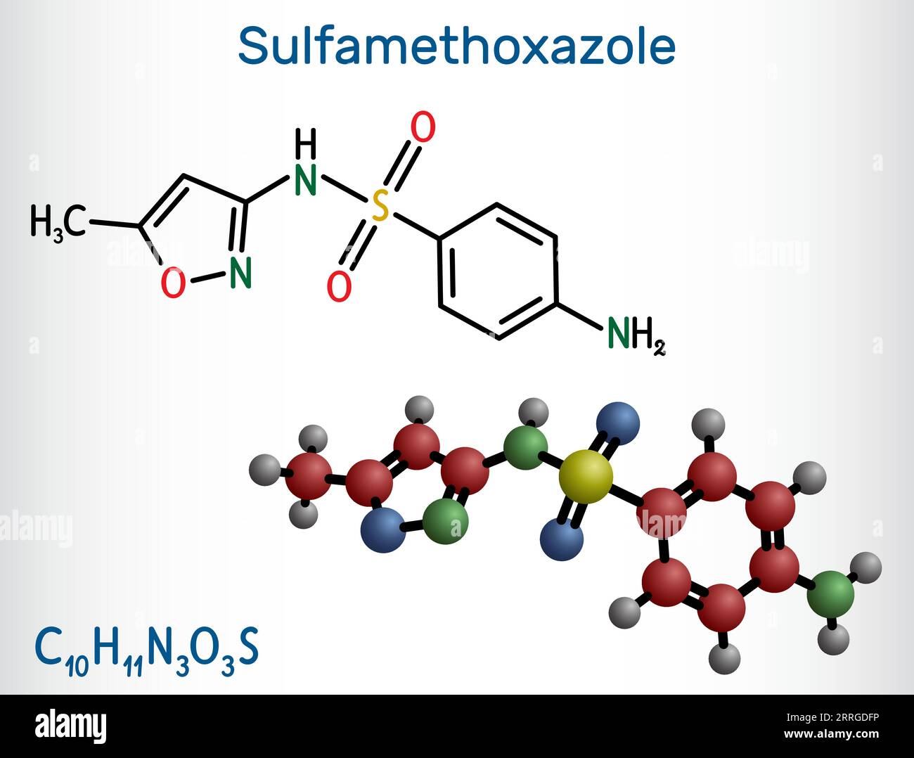 Sulfaméthoxazole, SMZ, molécule SMX. C'est un antibiotique sulfonamide, utilisé pour les infections bactériennes. Formule chimique structurale, modèle moléculaire. Illustration de Vecteur