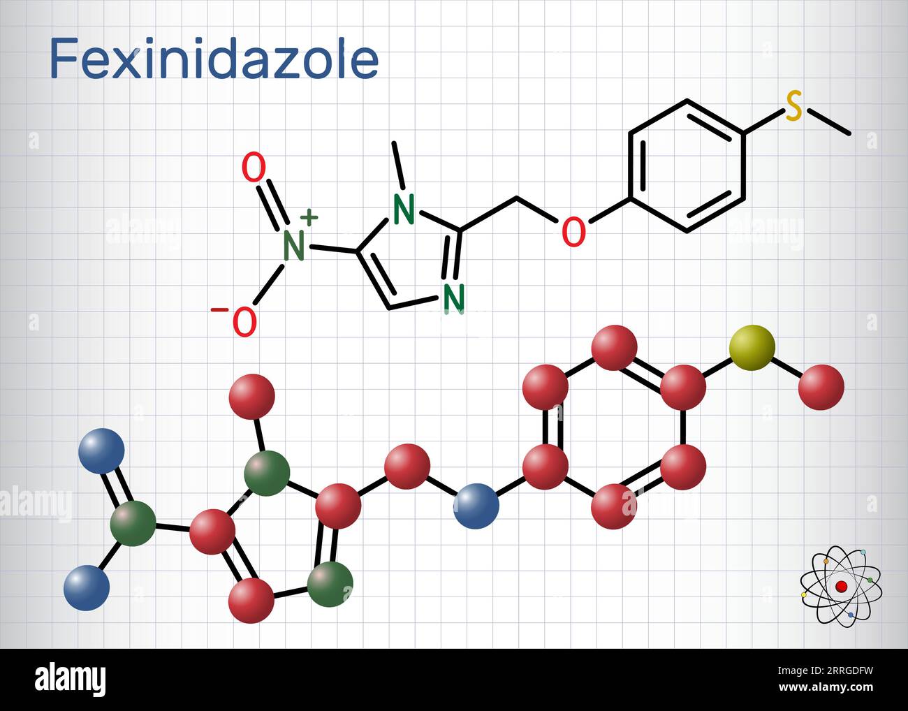 Molécule de fexinidazole. C'est un médicament utilisé pour traiter la trypanosomiase africaine ou la maladie du sommeil. Modèle moléculaire. Feuille de papier dans une cage. Illustration de Vecteur