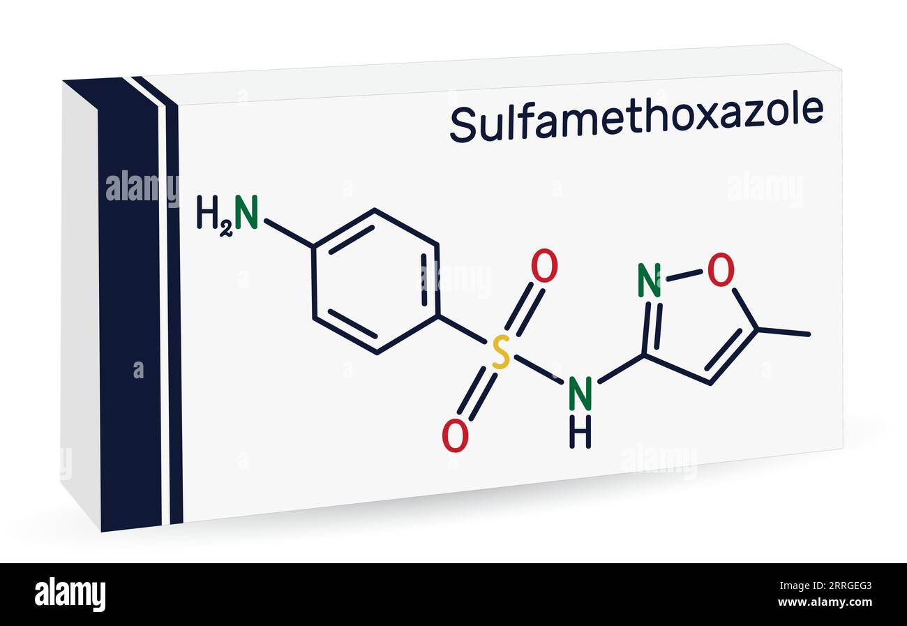 Sulfaméthoxazole, SMZ, molécule SMX. Formule chimique squelettique. Emballage en papier pour médicaments. Illustration de Vecteur