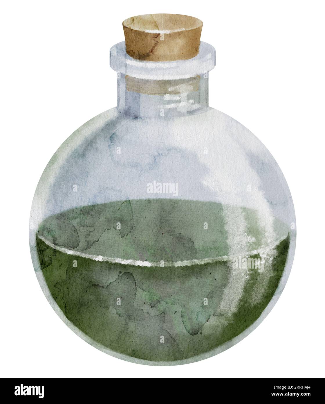 Potion magique dans une bouteille ronde avec du liège. Illustration aquarelle de poison de sorcellerie sur fond isolé. Clip art dessiné à la main de l'élixir pour Alchemy. Dessin de l'élément halloween pour sort de sorcière. Banque D'Images