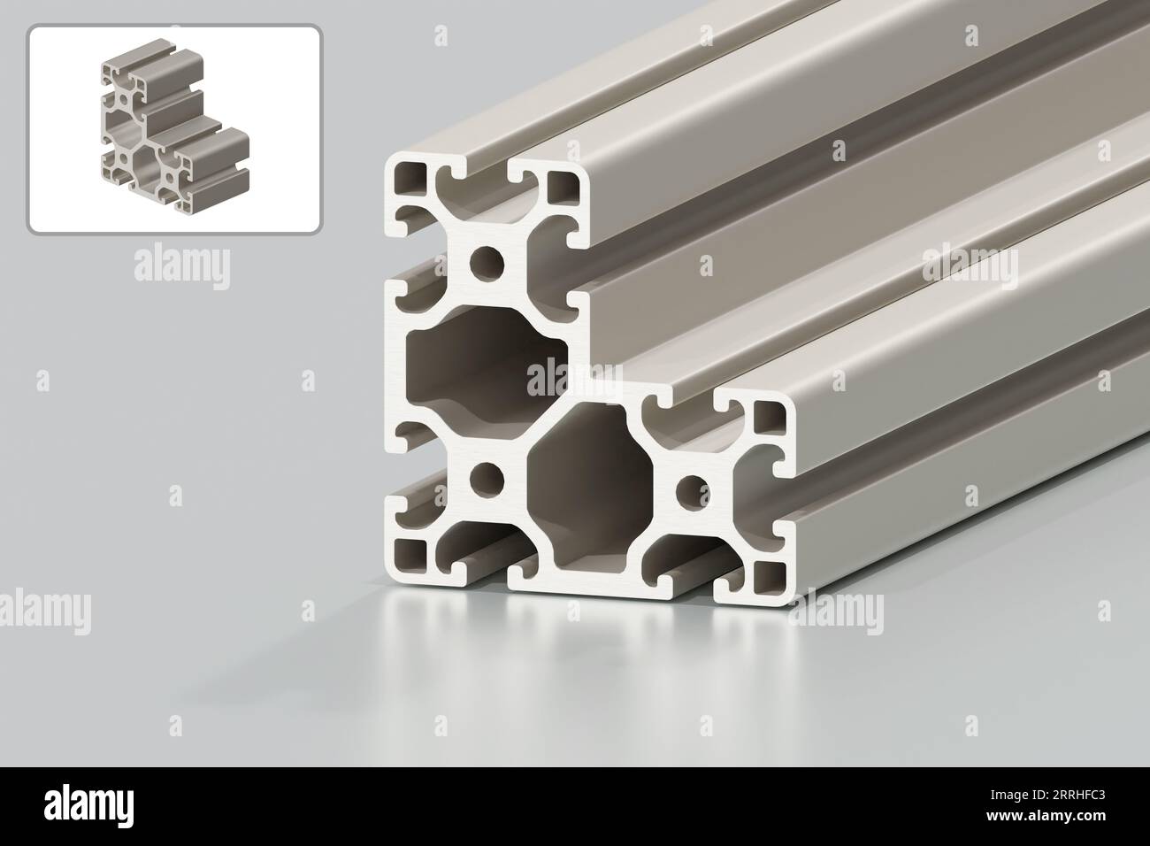 Profilé d'angle en aluminium 80x80x40 reposant sur une surface réfléchissante - rendu 3D. Banque D'Images