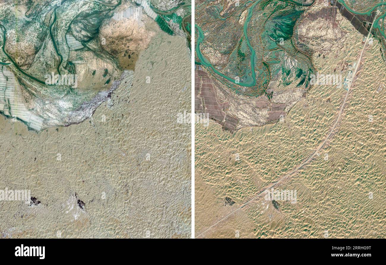 220630 -- YULI, le 30 juin 2022 -- une photo combinée prise par satellite montre la même zone du désert de Taklimakan avant la construction L et après la construction d'une nouvelle autoroute dans la région autonome ouïgoure du Xinjiang du nord-ouest de la Chine. Située dans la préfecture autonome mongole de Bayingolin, au sud du Xinjiang, la route reliant le comté de Yuli et le comté de Qiemo a été mise en service jeudi. L'autoroute est la troisième à traverser le désert de Taklimakan, le deuxième plus grand désert de sable mouvant au monde. Avec une vitesse prévue de 60 ou 80 km/h pour différents tronçons, la route a un total Banque D'Images