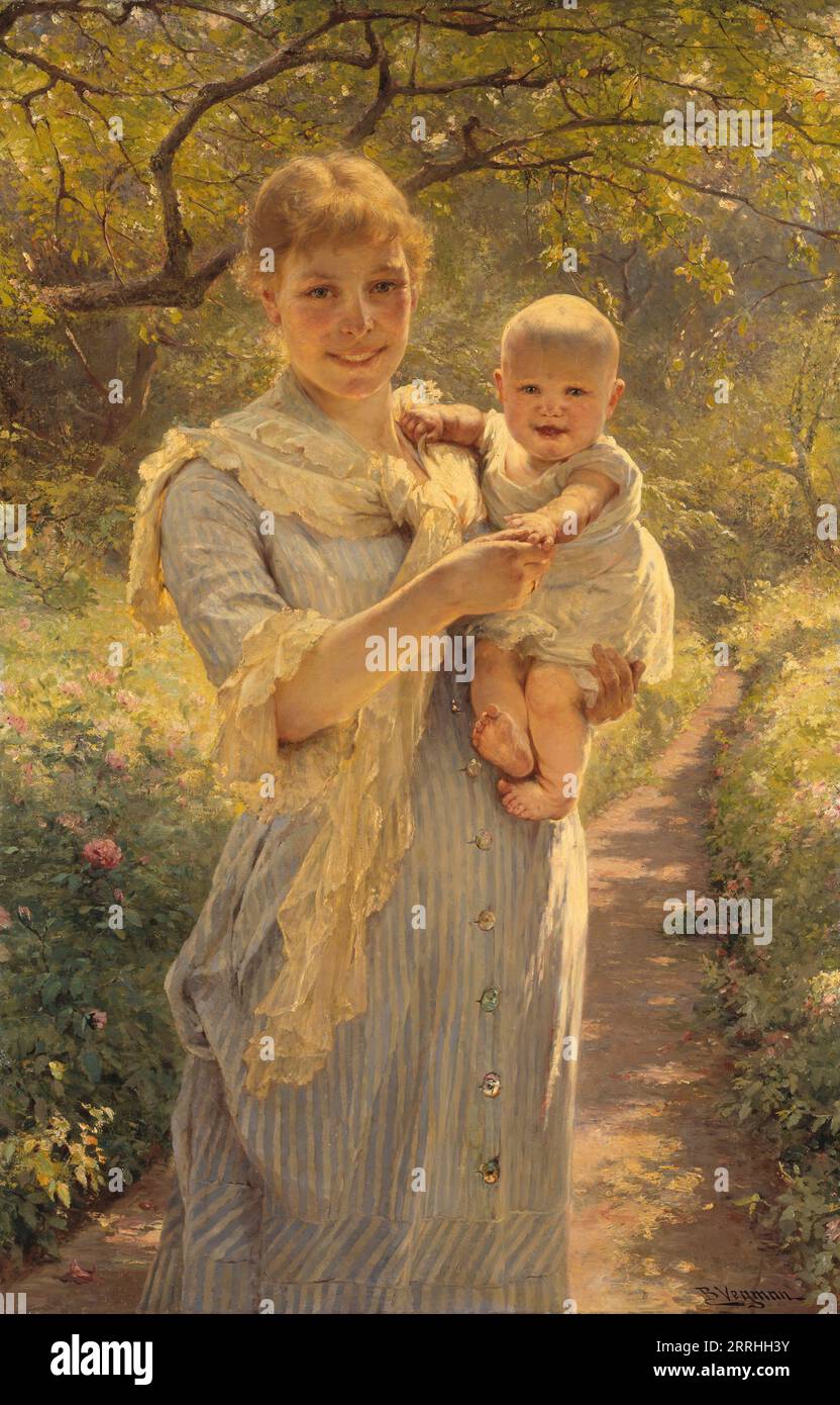 Jeune mère avec un enfant dans un jardin, c1900. Banque D'Images