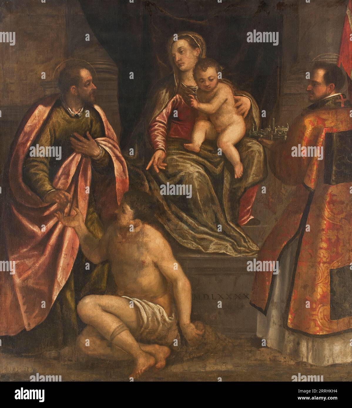 La Vierge à l'enfant avec Saint Martin et Saint Pétronius, 1590. Banque D'Images