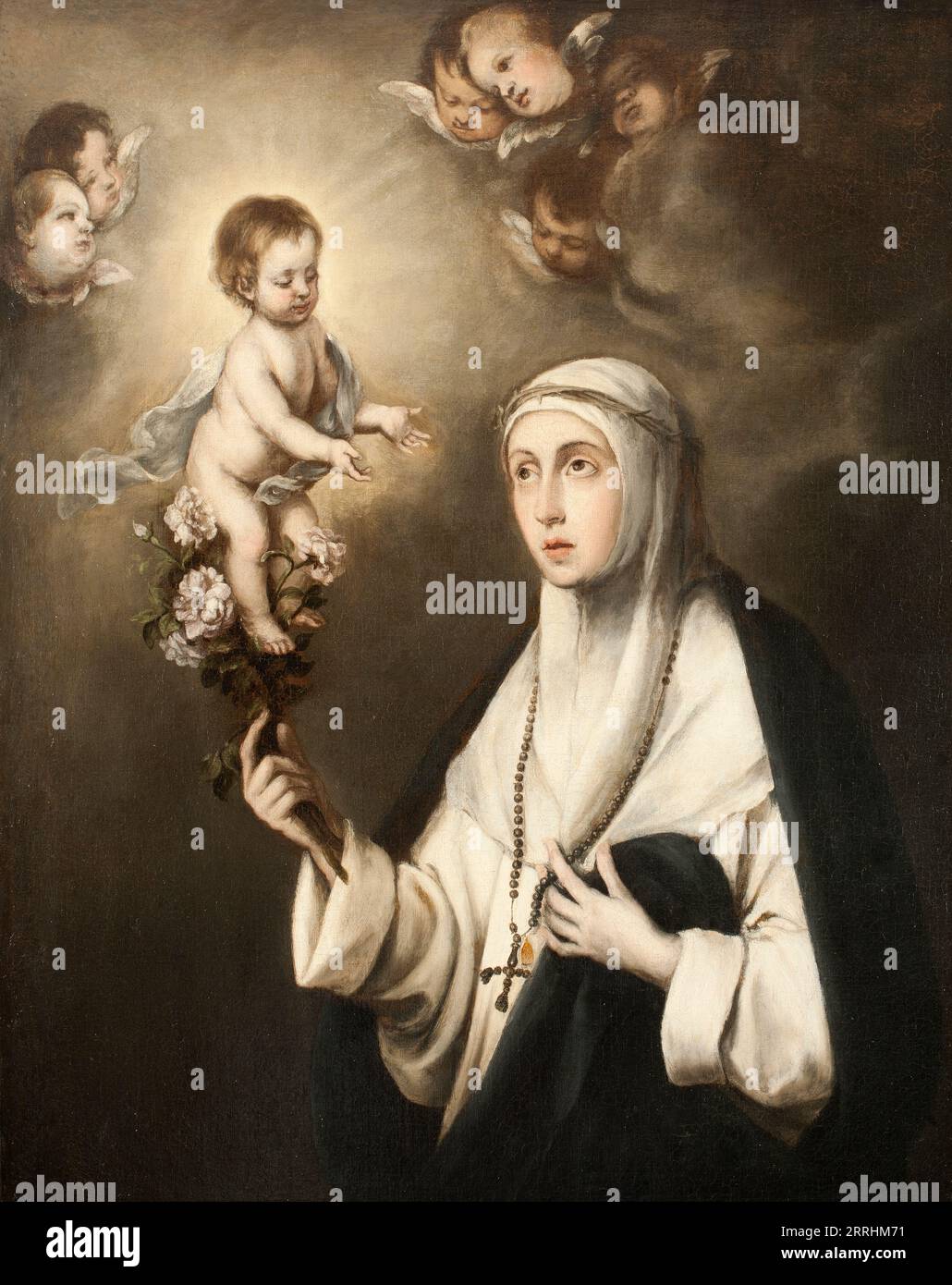 Sainte Rosa de Lima, date inconnue. En 1617, une femme de trente et un ans, née Isabel Flores y de Oliva, est décédée dans sa ville natale Lima au Pérou. Sa vie avait été remplie de prière, de pénitence et de travail acharné parmi les pauvres. Elle a été sainte par le pape en 1671 sous le nom de Rosa de Lima. En Amérique du Sud, il y a un culte étendu autour de Sainte Rosa. Elle est généralement représentée dans un habit de nonne&#x2019;s et avec une couronne de roses ou, comme dans cette peinture, avec une couronne d'épines sur la tête. Banque D'Images