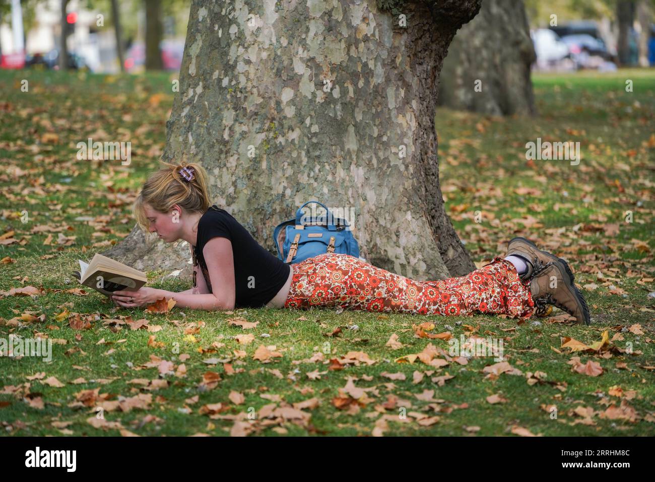 Londres Royaume-Uni. 8 septembre 2023 . Une femme se détend avec un livre à Saint James par une journée chaude et humide à Londres alors que la canicule se poursuit avec des températures prévues pour rester à 32Ar. Crédit amer ghazzal/Alamy Live News Banque D'Images