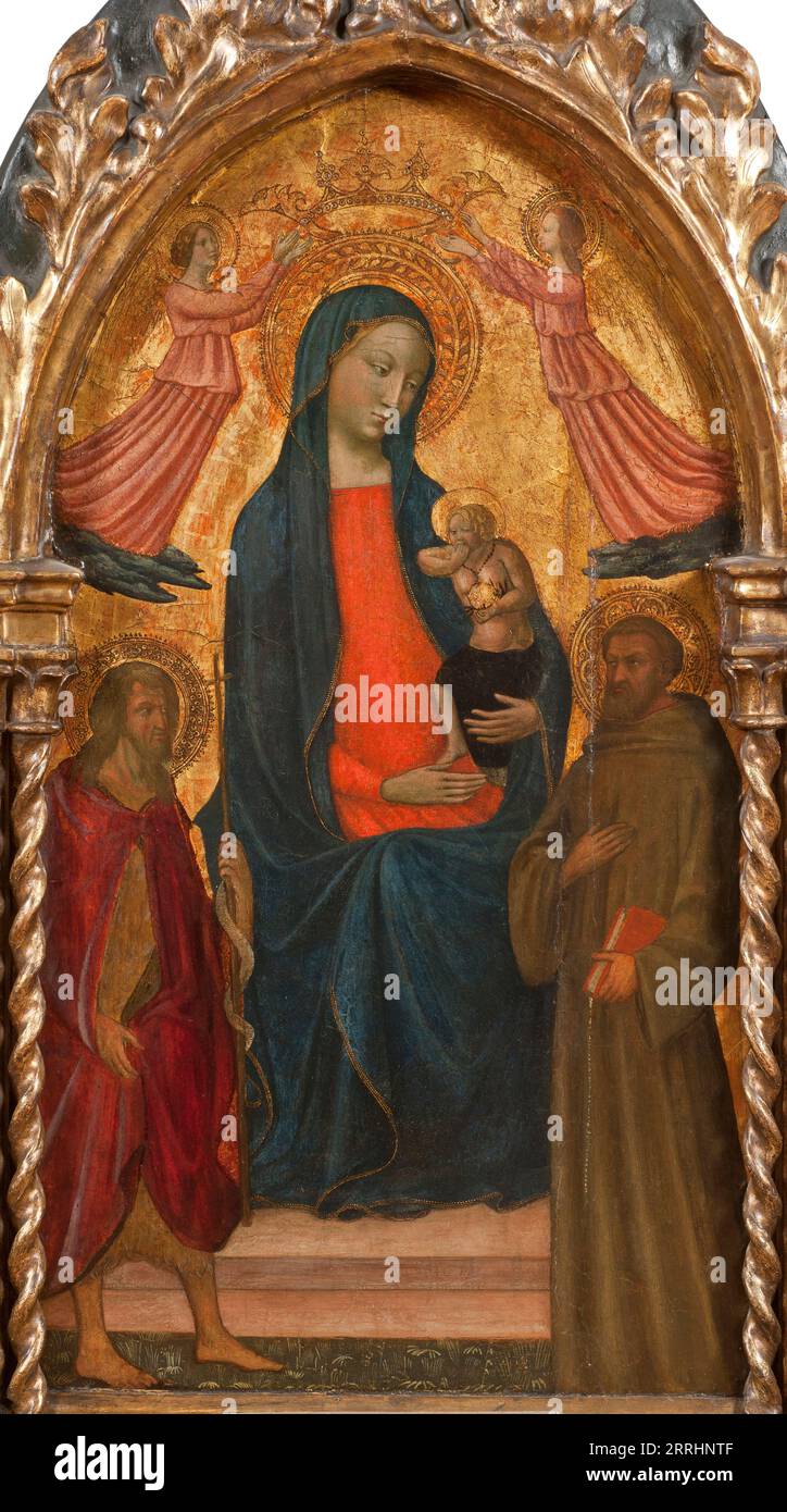 Madonna and Child avec Saint Jean Baptiste et Saint François, début du milieu du 15e siècle. Banque D'Images