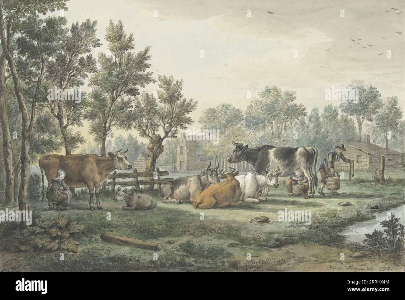 Prairie avec vaches en cours de traite, 1773. Banque D'Images