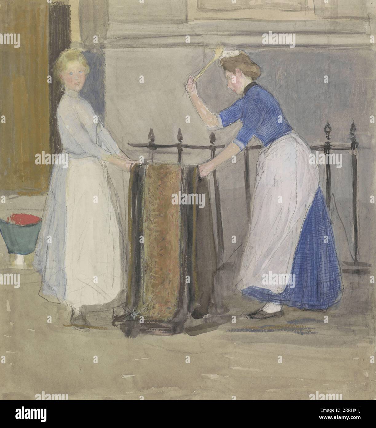 Deux femmes de chambre brandissant un tapis devant une mairie, 1874-1927. Banque D'Images