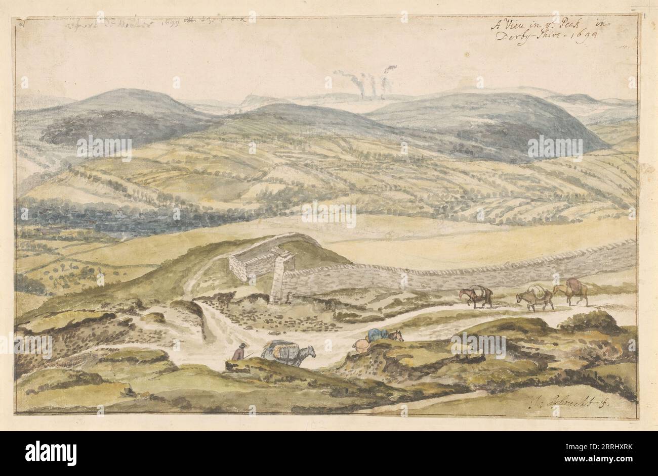 Vue sur les montagnes depuis High Peak dans le Derbyshire, 1699. Banque D'Images