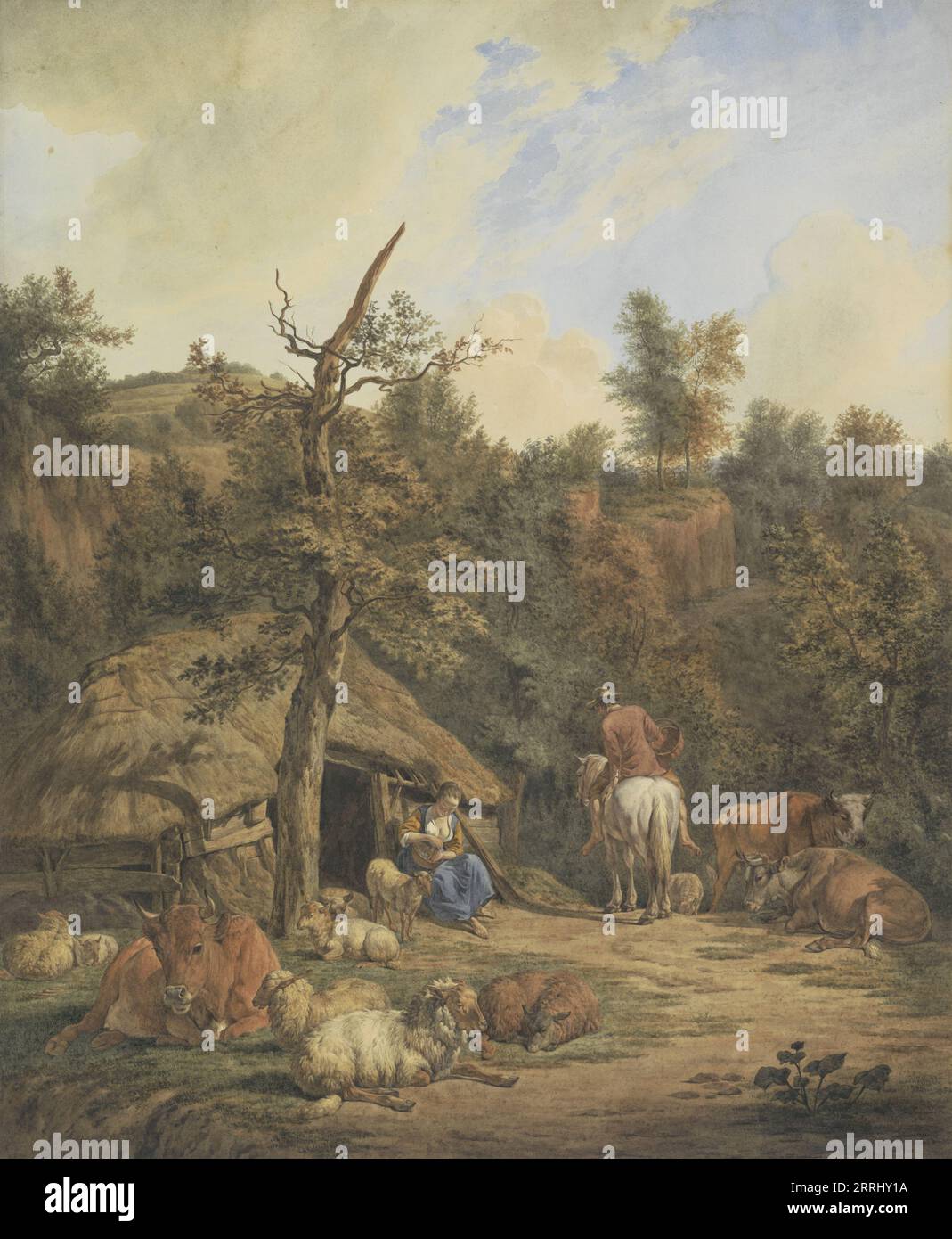 Berger, bergère et bétail reposant devant une étable délabrée, 1820-1872. Banque D'Images