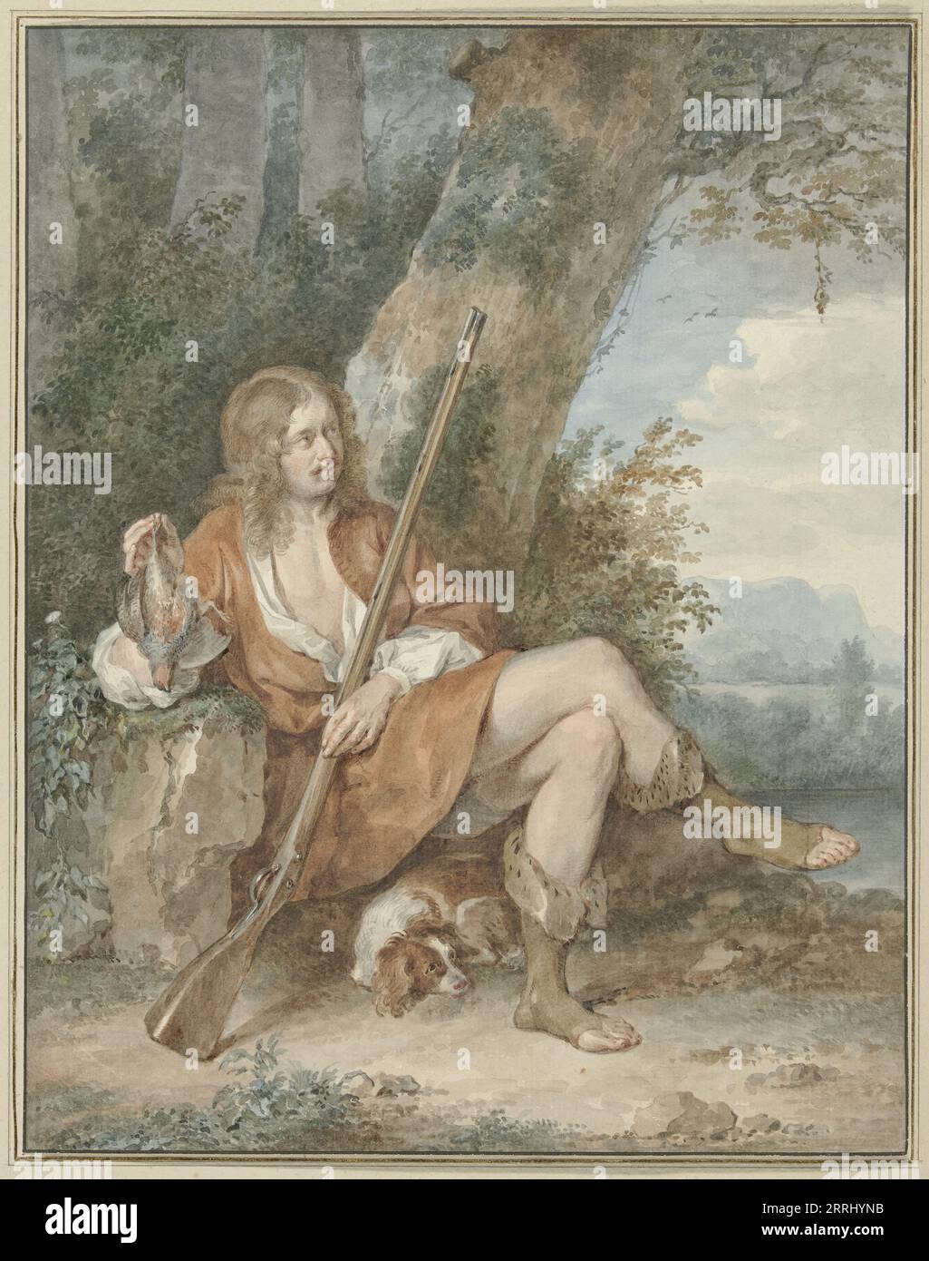 Chasseur au repos avec mousquet et perdrix, près d'un arbre, 1775. Banque D'Images