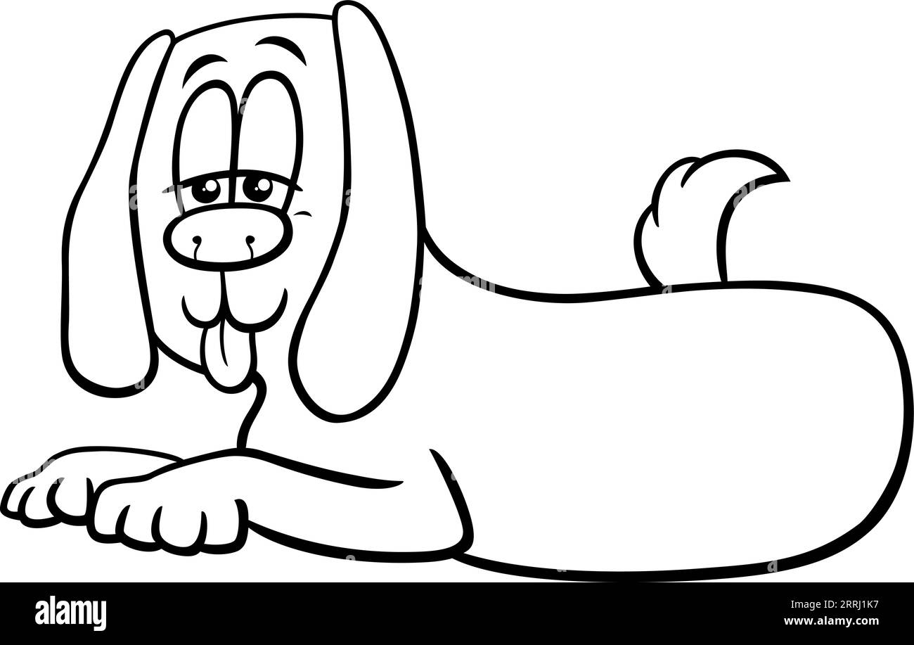 Illustration de dessin animé noir et blanc de chien drôle ou de chiot personnage animal comique couché et de repos page de coloriage Illustration de Vecteur