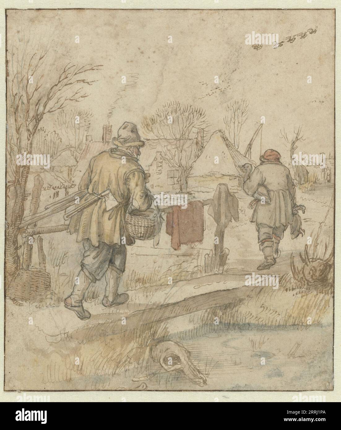 Retour des chasseurs de canards / verso : croquis de navires et d'un homme en vêtements d'hiver, c.1610-c.1615. Banque D'Images