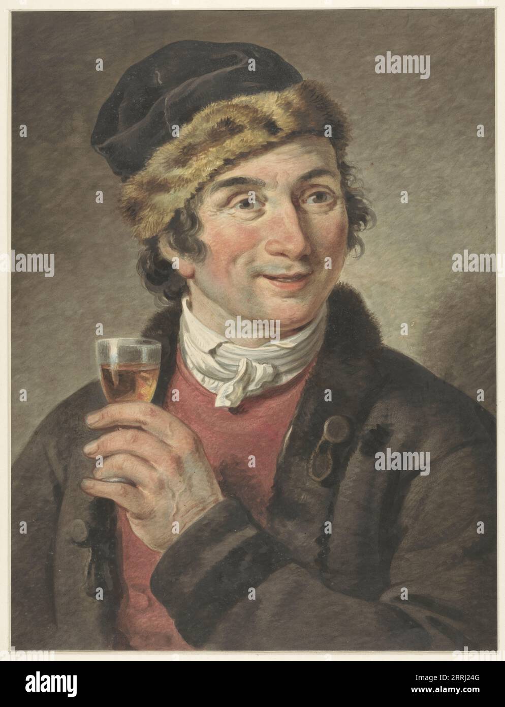 Portrait d'Adriaan de Lelie, chapeau, 1765-1820. Portrait du peintre Adriaan de Lelie, verre à la main et chapeau garni de fourrure. Banque D'Images