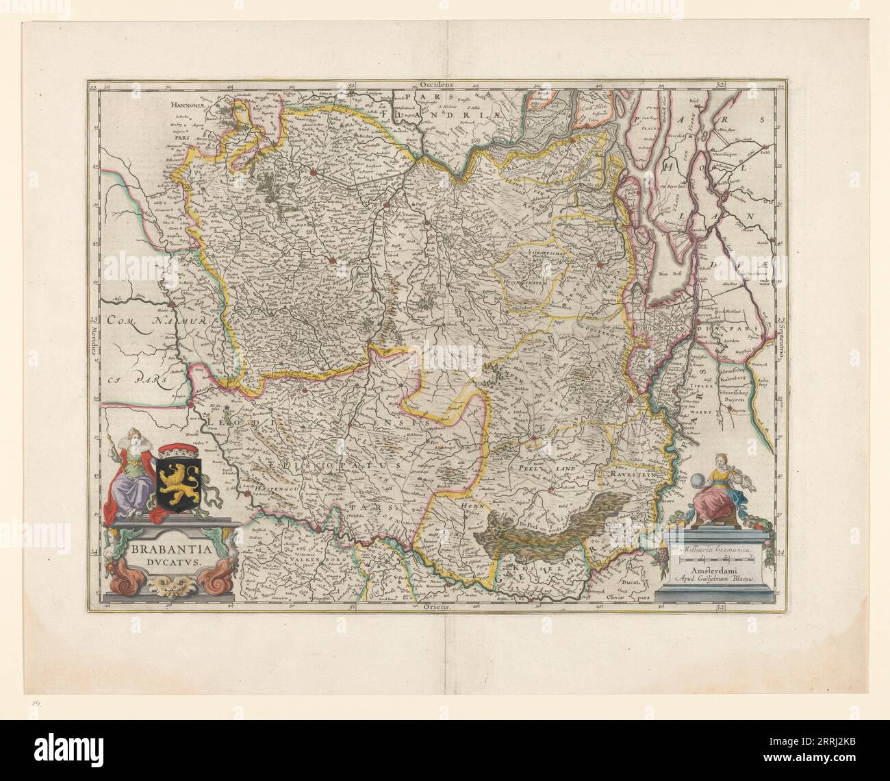 Plan de Brabant, 1631. Carte du duché de Brabant. En bas à droite l'échelle en miles allemands. En bas à gauche le titre entre sphinx, au-dessus de lui les armoiries et la femme avec le personnel. Le nord est sur la droite. (1 : 700 000) Banque D'Images