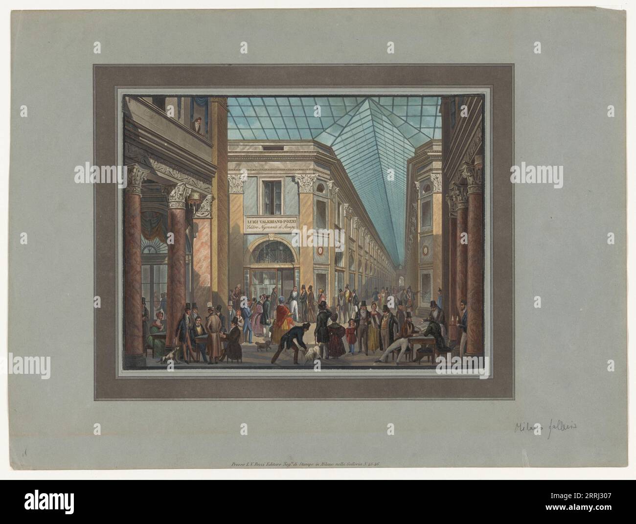 L'imprimerie de Luigi Valeriano Pozzi dans la Galleria Vittorio Emanuele à Milan, 1788-1847. Vue des acheteurs dans la galerie marchande couverte, avec le nom et la profession de l'artiste Pozzi : 'Editore Negoziante di Stampe' (éditeur d'imprimerie). Banque D'Images