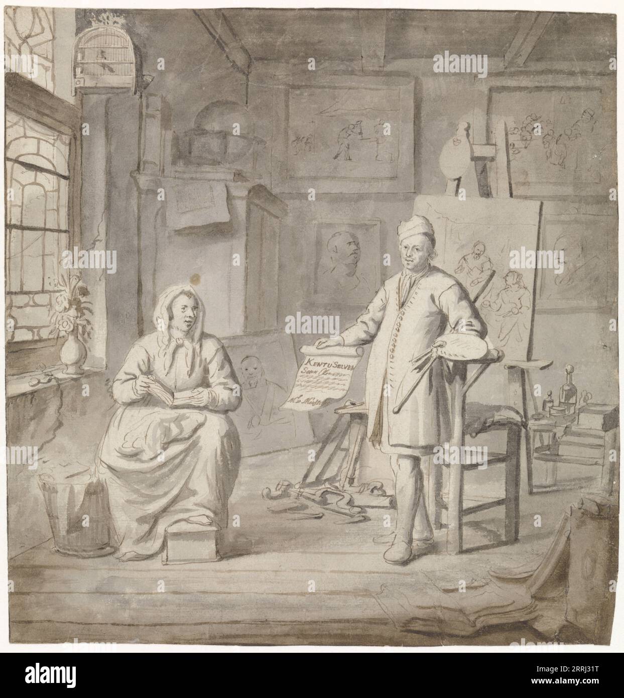 Le peintre Michiel Comans et sa troisième épouse Elisabeth van der Mersche dans son atelier, 1655-1705. Comans était également marchand de textile et maître d'école. Banque D'Images