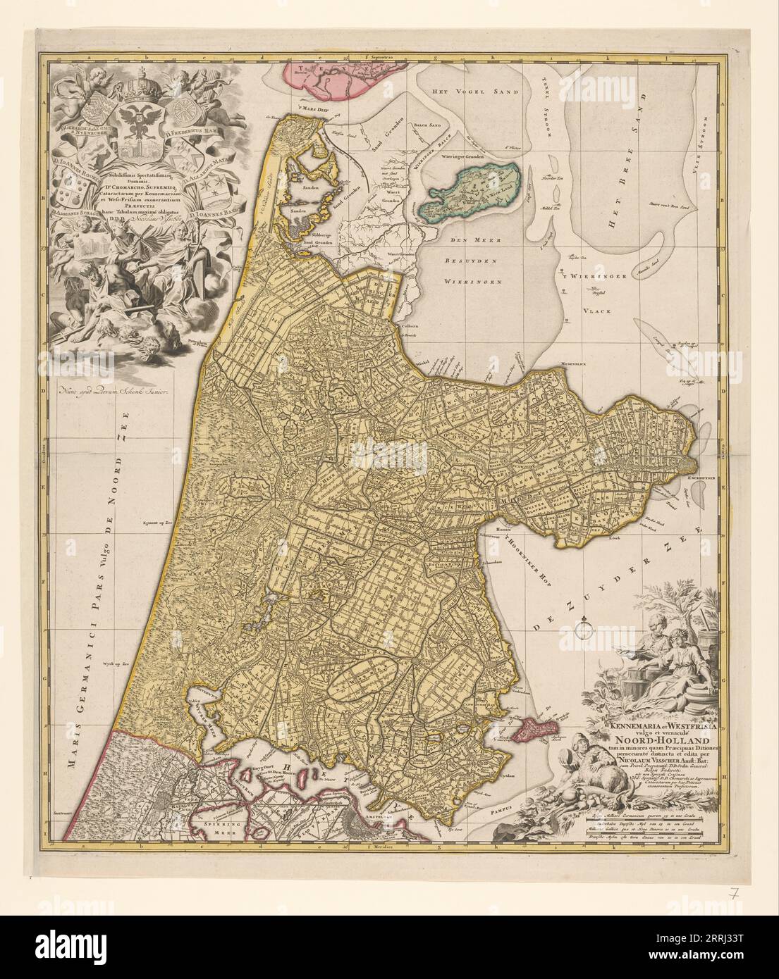 Carte de Hollande du Nord, c.1700-c.1710. 'Kennemaria et Westfrisia vulgo et vernacul&#xe9 ; Noord-Holland tam in minores quam Praecipuas Ditiones...'. Montrant la pointe sud de Texel, Wieringen, Marken et une petite partie de la Hollande du Sud. En bas à droite de l'échelle en milles allemands et français (1 : 150 000). En bas à droite le titre, les agriculteurs avec des fromages, du beurre et du lait. En haut à gauche, dédicace et putti avec la couronne impériale et les armoiries, figures allégoriques - l'une tenant un moulin à vent regardant une image d'une serrure. Banque D'Images