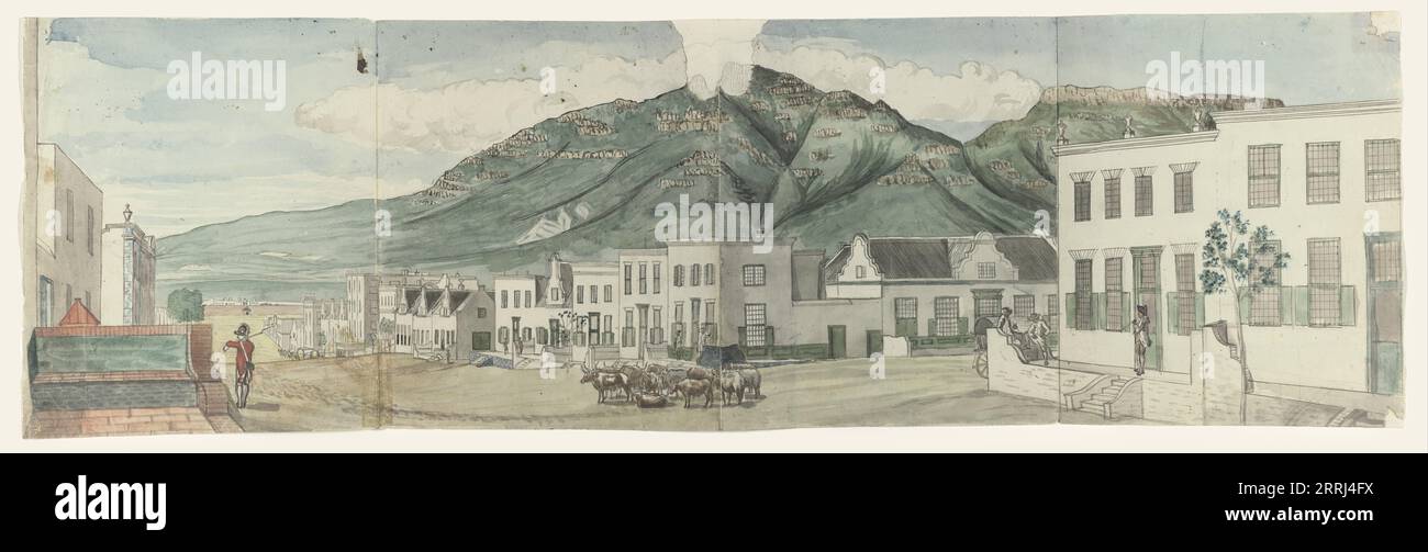 Strand Street à Cape Town, 1786. Vue de la Strandstraat au Cap, vue de la maison paroissiale luthérienne où Brandes séjournait entre le 20 avril et le 20 mai 1786. Un soldat suisse garde l'entrepôt (VOC). Les murs du château peuvent être vus en arrière-plan, avec le pic du diable et le point le plus méridional de la montagne de la Table. Il y a des boeufs au milieu de la rue. À droite, un homme fume. Banque D'Images