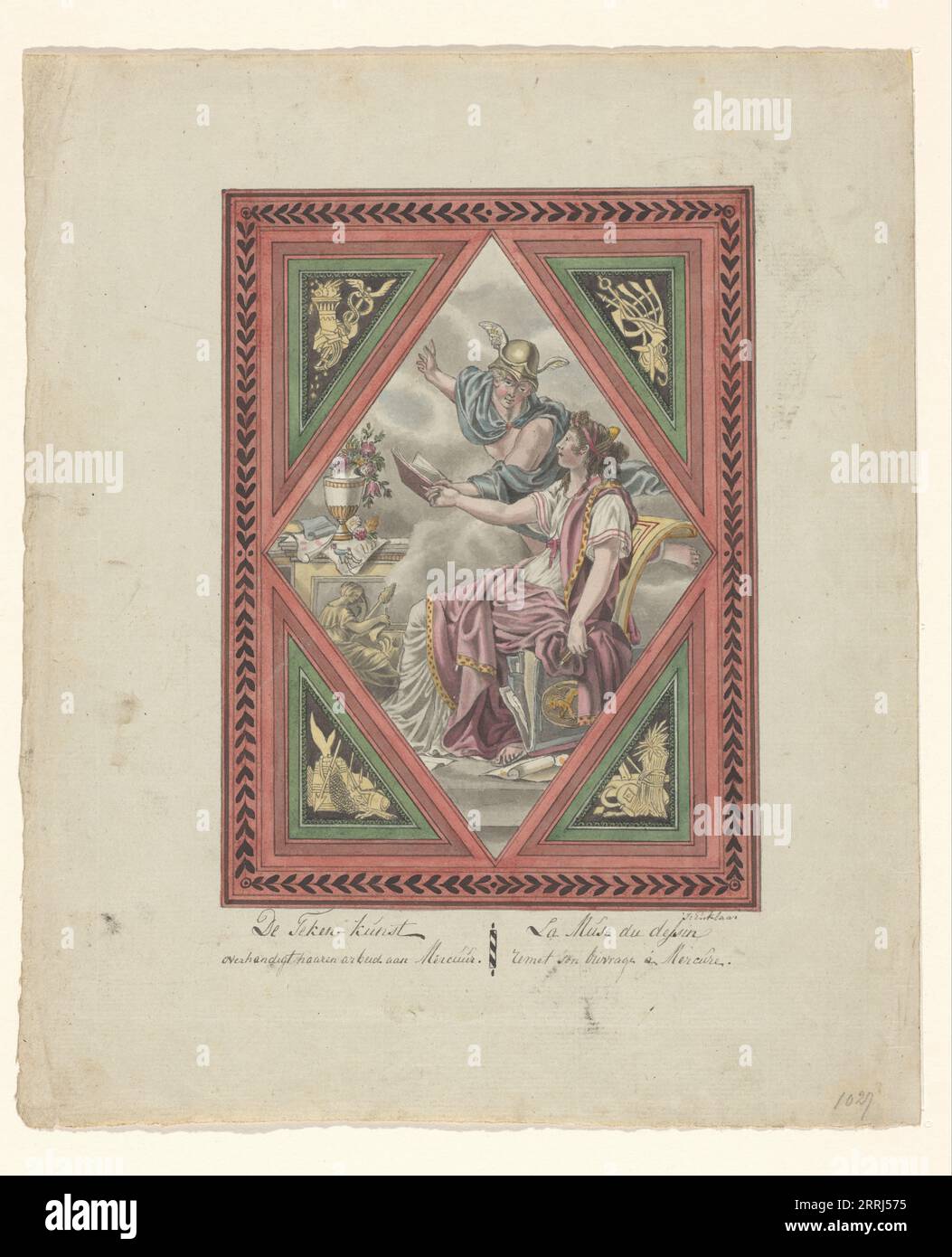 Le dessin montre son travail à Mercure, 1803-c.1899. La personnification du dessin montre un carnet de croquis avec son travail à Mercure. Elle a un crayon à la main et à côté d'elle se trouve un dossier au sol avec les armoiries de la République batave sur la couverture. Cadre en forme de losange avec des emblèmes aux quatre coins des fruits du commerce, de la navigation maritime, de l'agriculture et de la pêche. Banque D'Images