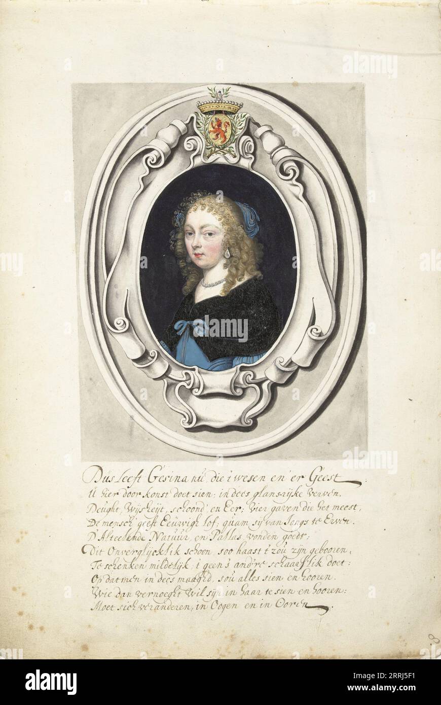 Autoportrait de Gesina ter Borch dans un cartouche, 1660. Avec les armoiries des Ter Borch, et un hymne d'Henrik Jordis sur les vertus de Gesina. Banque D'Images