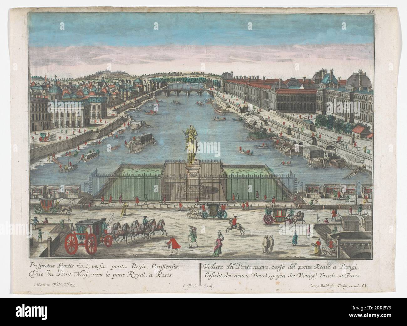 Vue du Pont neuf sur la Seine à Paris, vers Pont Royal, 1742-1801. Banque D'Images