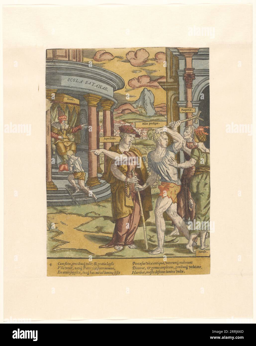 L'expulsion du fils prodigue, c.1540-c.1550. Le fils (Filius Prodigus) est chassé par la pauvreté (Paupertas), tandis que la superstition (Superstitio) et l'hérésie (Haeresis) lui montrent le chemin vers la Synagogue de Satan (Synagoga Sathanae). Là, il s'agenouille devant un homme sur un trône. Sur le trône se trouve le mot maladie (Morbus), sur la colonne de l'obstination (Obstinatio). Impression à partir d'une série de six gravures sur bois avec des légendes latines de six lignes. La gravure sur bois est colorée à la main où les costumes ont été ajustés / modernisés. Banque D'Images