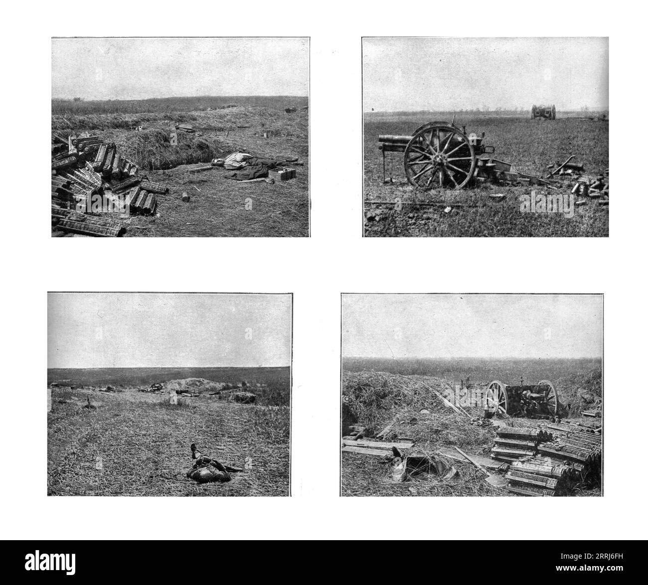 'A travers le champ de bataille ; anciens emplacements de batteries allemandes et pieces de campagne , avec leurs paniers a projectiles, prises a Chaudun, pres de la route de Paris a Soissons', 1918. Extrait de "l'Album de la Guerre 1914-1919, Volume 2" [l'Illustration, Paris, 1924]. Banque D'Images