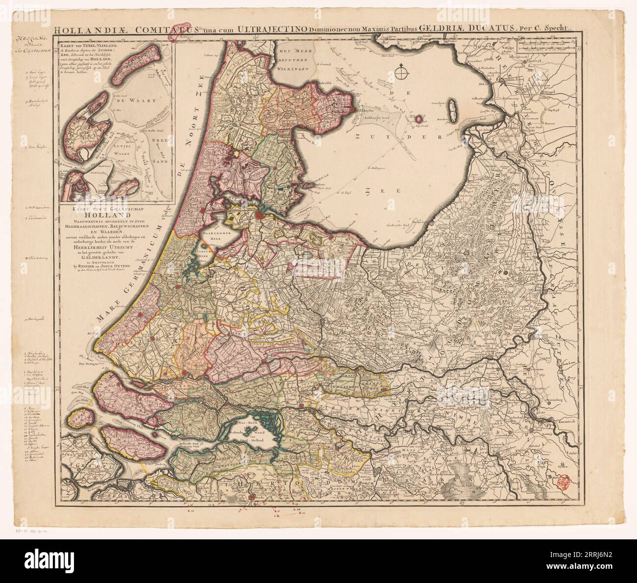 Carte de Hollande, Utrecht et une partie de Gelderland, 1726-1727. Carte du comté de Hollande, de la seigneurie d'Utrecht et de la majeure partie du duché de Gueldre. Texel et Vlieland en haut à gauche. En dessous de cela, le titre néerlandais. En haut à droite deux échelles : miles allemands et français. Peut-être par Caspar Specht. Banque D'Images