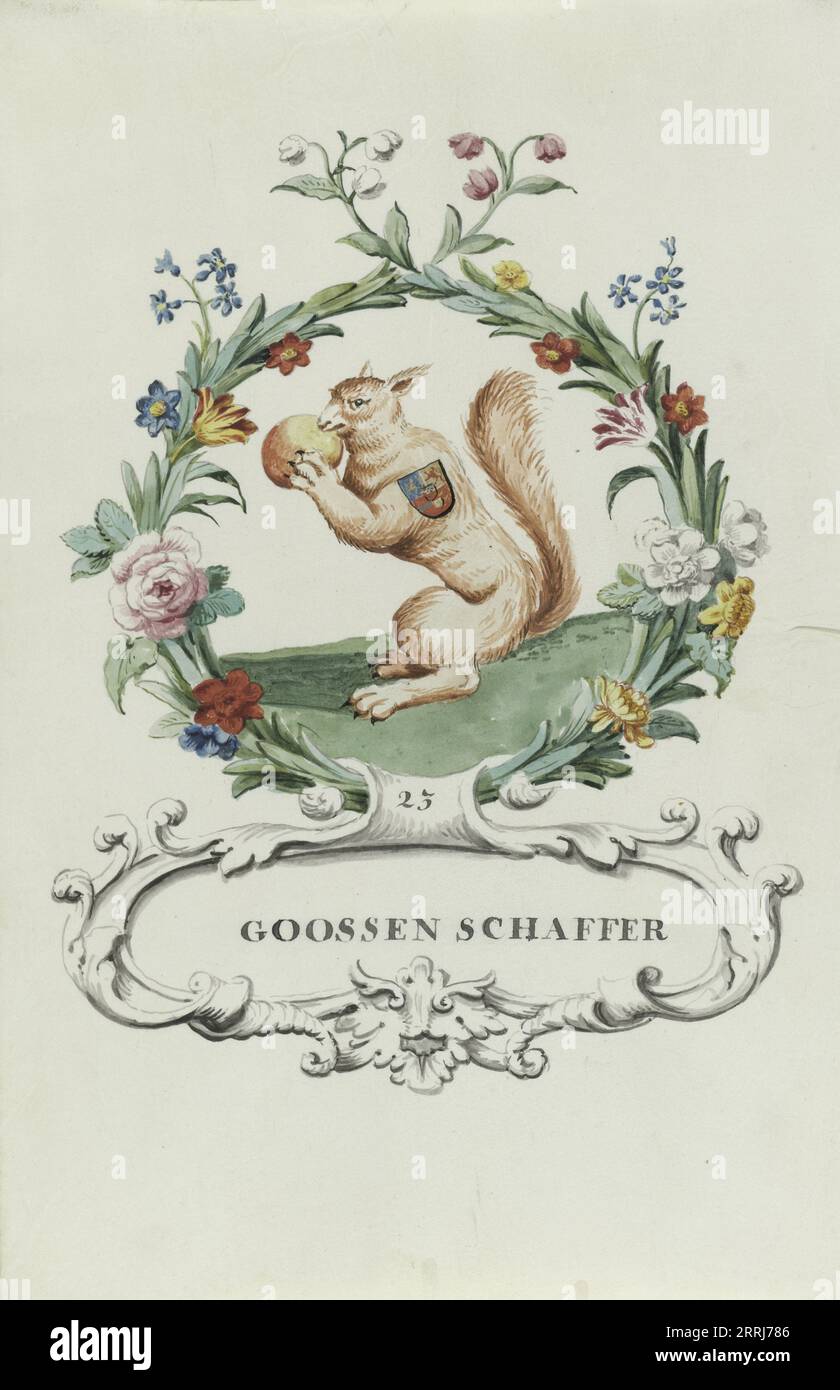 Caricature de Goossen Schaffer, 1710-1720. Goossen Schaffer était un juge de Van Oldenbarnevelt ; écureuil mordant dans une pomme. En couronne de fleurs et de feuilles. Relaté en 1618-1619 procès d'Oldenbarnevelt, Grotius et Hogerbeets pour trahison. Banque D'Images