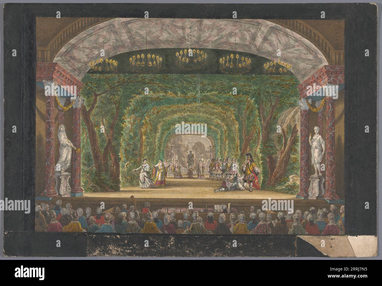 Vue de la scène du Schouwburg à Amsterdam avec une représentation pour Willem V et Wilhelmine de Prusse le 1 juin 1768, 1768-1799. La tragédie de Demophontes (Treurspel Demophontes) est jouée sur scène. Banque D'Images