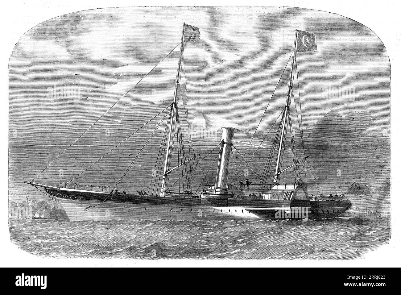 Le New Steam-Yacht "Cléopâtre" construit pour il Hami Pacha, fils du défunt vice-roi d'Egypte, 1858. Au cours de son voyage d'essai, bien que '...la Cléopâtre ait été travaillée par de puissants moteurs, et entraînée à une vitesse parfois de dix-sept miles à l'heure, le mouvement vibratoire était à peine perceptible même dans les berlines les plus proches de la salle des machines. Tout le navire est en fer. Sa longueur extrême sur l'ensemble est de 202 pieds, largeur 21, et 10&#xbd ; pieds profonds... son apparence dans l'eau est singulièrement gracieuse et frappante... la grande nouveauté, cependant, du navire consiste en ce qu'elle est équipée de moteurs de Banque D'Images