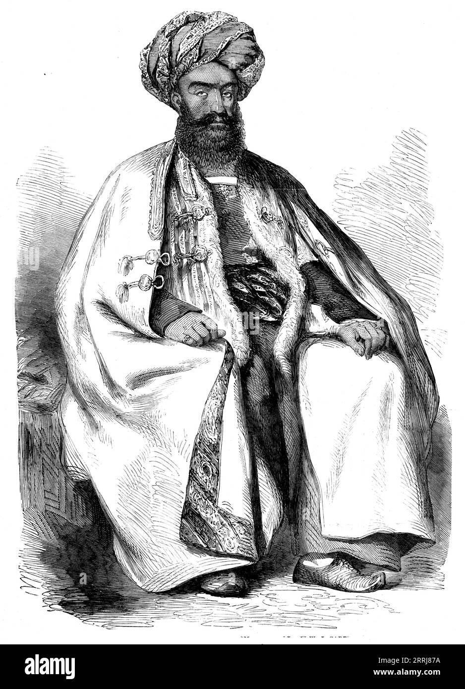 Osman Khan, Wuzeer à Shah Soojah - d'après un dessin de W. Carpenter, juin 1858. « Ce chef noble, après avoir suivi la fortune de son souverain, et avoir partagé les désastres après la retraite de Cabul, a été employé par le gouvernement anglais, et était dans le fort d'Attock lorsque la seconde guerre sikh a éclaté. Il est attaqué par les Sikhs, et la garnison est obligée, après une défense énergique, de capituler. Lors de la colonisation du Punjaub, il se retira à Peshawur, où il vit depuis, très respecté par les autochtones et les Européens. Extrait de "Illustrated London News", 1858. Banque D'Images