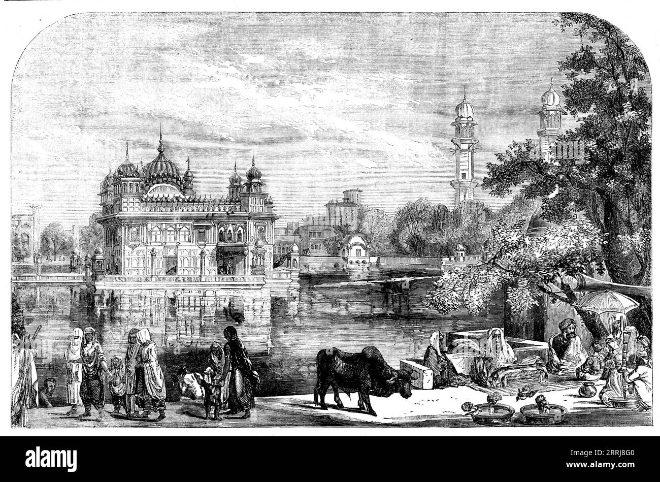 Un temple sikh à Umritzir [Inde] - d'après un dessin de W. Carpenter, juin 1858. 'Umritzir, capitale religieuse du peuple sikh, fut d'abord constituée ville sainte par Arjoon, quatrième Gooroo, à la fin du XVIe siècle ; mais ce n'est que lorsque le pouvoir sikh a atteint son zénith sous Runjeet Singh que les bâtiments qui entourent son char sacré ont été achevés dans leur état actuel... pendant les concours avec les Mohammedans pour la suprématie dans le Punjaub, Umritzir a été plusieurs fois pris, et ses lieux saints souillés; mais Runjeet Singh se vengea amplement, quand il entreprit la reconstruction Banque D'Images