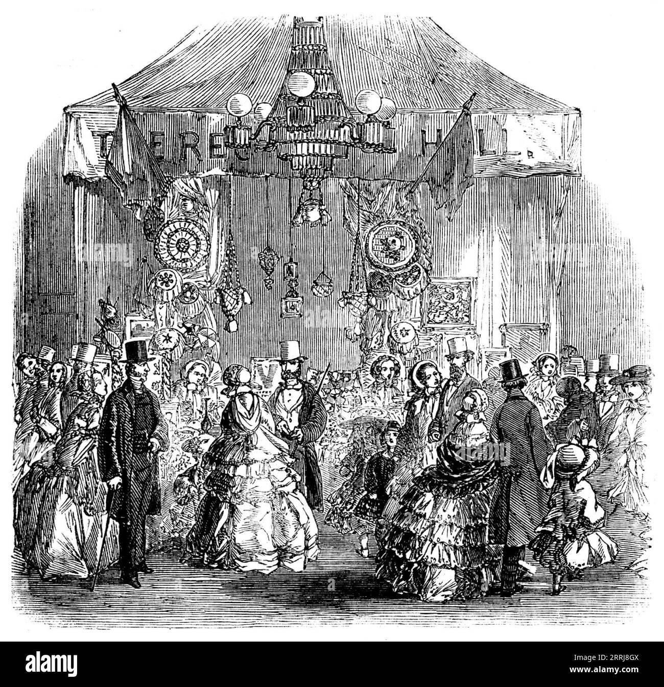 Fancy Bazaar s'est récemment tenu dans l'hôtel de ville, Hadleigh, Suffolk, à l'aide de la restauration de l'intérieur de l'église Hadleigh, 1858. 'Les habitants du lieu ont récemment été réveillés à un sentiment de la valeur et de la beauté de l'héritage que la piété et munificence d'eux ancêtres leur ont légué. L'extérieur de leur vénérable église a déjà été restauré, au prix de plus de &#xa3;1100, levé tout à fait dans des contributions volontaires ; et maintenant un désir général se pose de rendre l'intérieur digne de l'extérieur... avec la vue de commencer un fonds pour ce désirable Banque D'Images