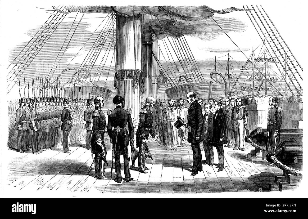 L'embarquement du Prince Alfred à bord du "Euryalus" mercredi - d'après un croquis de V. Jones, 1858. Le cadet Alfred, accompagné de son père le Prince Albert, est introduit au service de la Royal Navy et fait son premier voyage en mer. En approchant de l'Euryalus, ce navire mangeait des chantiers, tout comme l'escadron hollandais du contre-amiral t'Hooft, et un grand salut général suivit. Le prince Albert et le prince Alfred ont été reçus par le capitaine Tarleton et l'état-major du navire avec tous les honneurs dus à la royauté, et reçus par lui lors d'un déjeuner dans la cabane de l'État... le jeune prince Banque D'Images