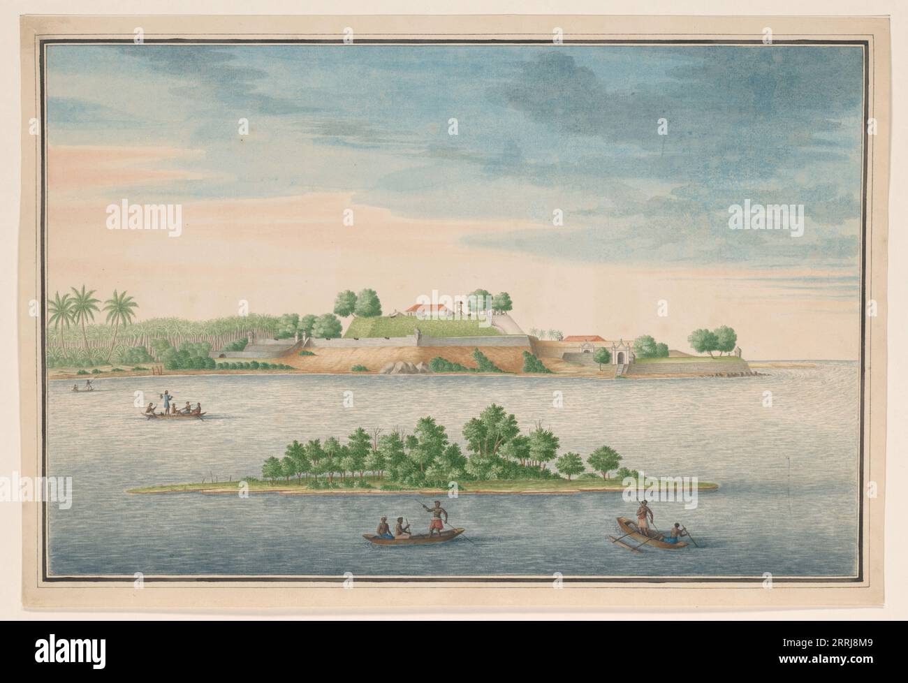 Vue du côté nord du fort à Kalutara, vers 1750. Île et quatre bateaux cinghalais devant. Banque D'Images