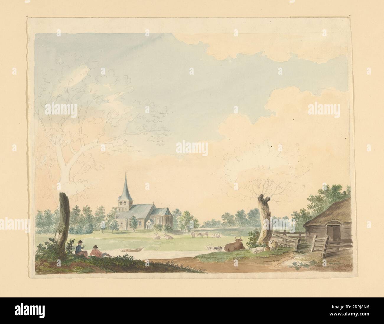 Paysage avec une vue de pâturage sur une église, 1700-1800. Banque D'Images