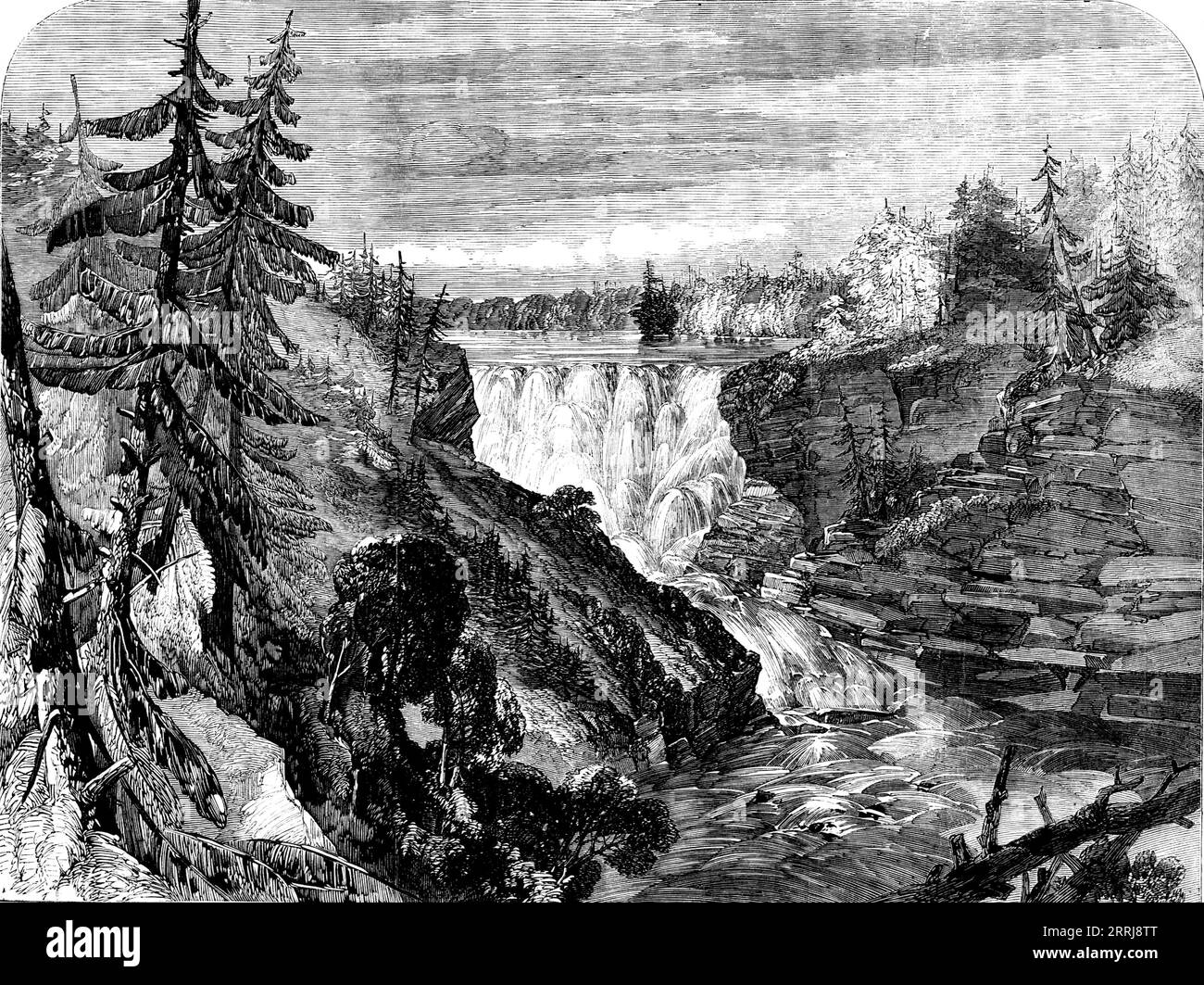 Expédition canadienne d'exploration de la rivière Rouge - Kakabika (ou Grand Falls), rivière Kambiquia, lac supérieur, 1858. M. Dawson... a établi que leur altitude réelle était de 119 pieds 6 pouces... Kakabika, ou fente rocheuse, est à trente milles du lac supérieur, et le portage ou lieu de transport qu'il implique est appelé par les voyageurs le Mountain Portage. Le talus, à gauche dans le Sketch, a été couvert de menthe sauvage en août dernier ; et quelques bourdonnements semblent s'être établis dans le voisinage, car ils ont été vus planant au-dessus des belles fleurs sauvages qui se sont luxuriées dans la fine spra Banque D'Images