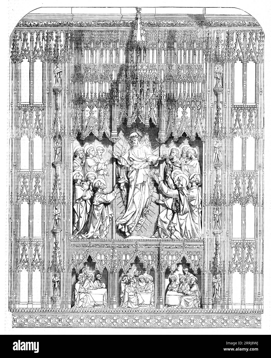 Les reledos dans le cloître de Sherborne Minster, 1858. '...les nouvelles et minutieusement sculptées reledos exécutées pour et érigées dans le chœur de l'église de l'abbaye de Sherborne représente mais l'un des nombreux embellissements coûteux qui, avec de vastes œuvres d'un plus substantiel et. caractère structurel, relèvent de la rubrique générale de la restauration. Les reledos en question est sans aucun doute l'un des plus remarquables et étendus qui ont été érigés dans les temps modernes. C'est littéralement un labyrinthe de tabernacle et de sculpture tracée, et ce principalement comme cadre pour les deux grands sujets Banque D'Images
