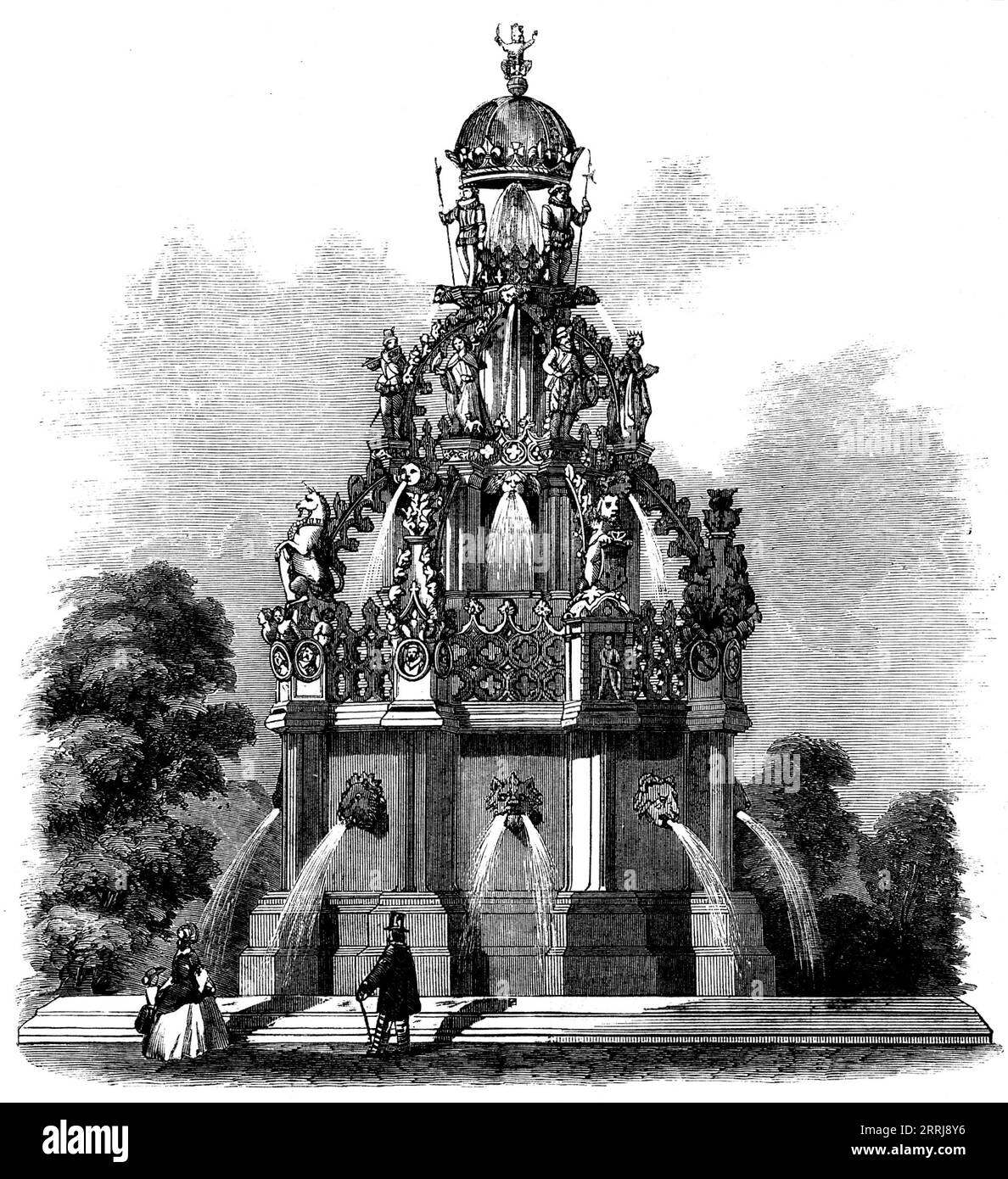 Fontaine à ériger devant le palais de Holyrood, [à Édimbourg], 1858. "Les améliorations qui ont été apportées dans le quartier de Holyrood par feu le Premier Commissaire ont été à une échelle assez vaste... l'ornement principal du Palais sera la fontaine, qui est d'orner le front ouest...au lieu de chercher un nouveau design, Sir Benjamin Hall trouva au Palais de Linlithgow les restes de ce qui était autrefois la fontaine qui ornait la magnifique résidence des souverains écossais. Ces restes... se sont avérés si complets qu'il ne pouvait y avoir aucun doute quant à la proportionntio Banque D'Images