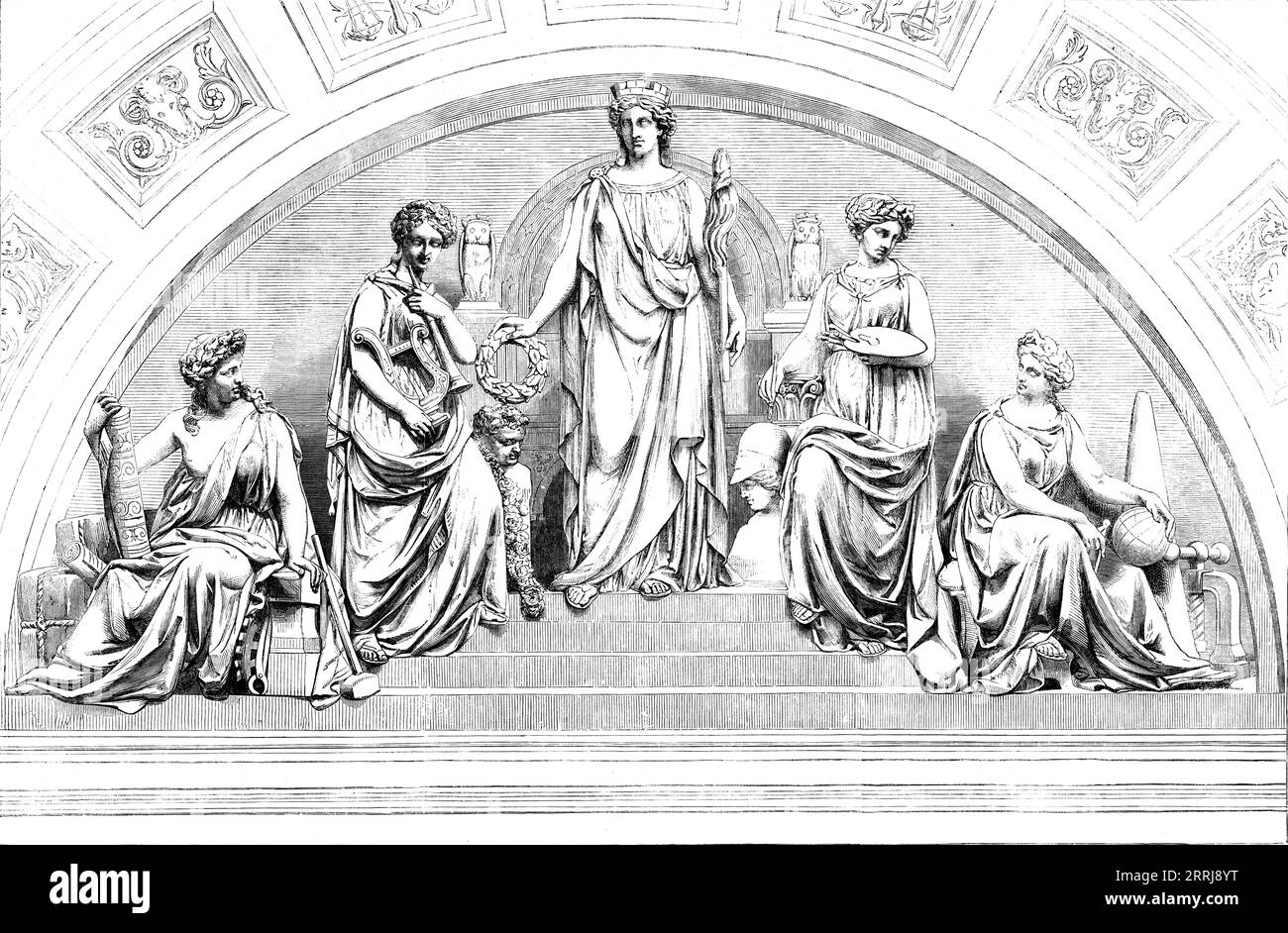 Groupe emblématique de figures, par M. John Thomas, au-dessus de l'entrée principale de l'hôtel de ville de Leeds, 1858. Bas-relief par '...M. Thomas de Londres, sculpteur des chambres du Parlement. Le groupe... représente Leeds dans son caractère commercial et industriel, favorisant et encourageant les arts et les sciences. La figure centrale...est celle d'une femme, en draperie libre et élégante, ayant dans la main droite tendue une couronne, et dans la gauche le distaff...behind...is une chaise judiciaire, ornée de rayons de lumière, et flanquée de chouettes, emblématiques de la sagesse...à droite il y a un personnicat Banque D'Images