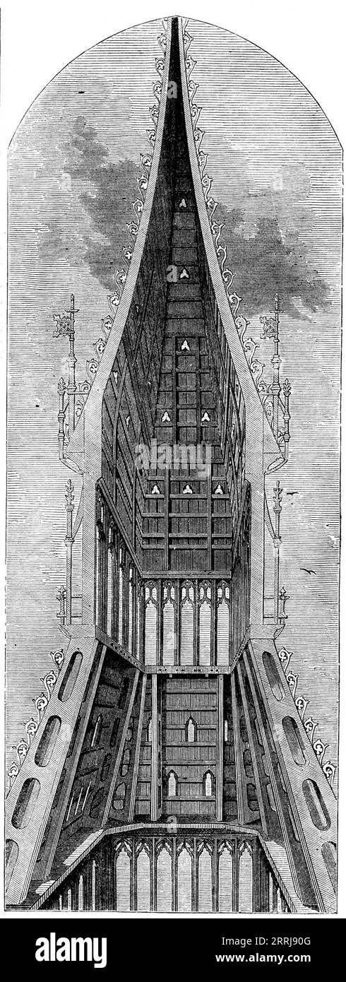 Vue en coupe de la tour de l'horloge, 1858. Clocher abritant Big Be dans le Palais de Westminster, Londres. 'Lorsque la cloche a été soulevée du sol à la salle de l'horloge (une distance de 190 pieds), elle a dû être restaurée à une position verticale, de nouveaux arrangements à être faits, et un nouveau transport de quarante pieds accompli à la chambre de cloche. Les dimensions exactes de la grande cloche sont, 7 pieds. 6 po en hauteur, 9 pi. Diamètre à la bouche ; poids, 13 tonnes 10 cpt... le travail de levage a été une affaire ardue et anxieuse pour tous les engagés, et nous espérons que leur travail sera apprécié". De "Ill Banque D'Images