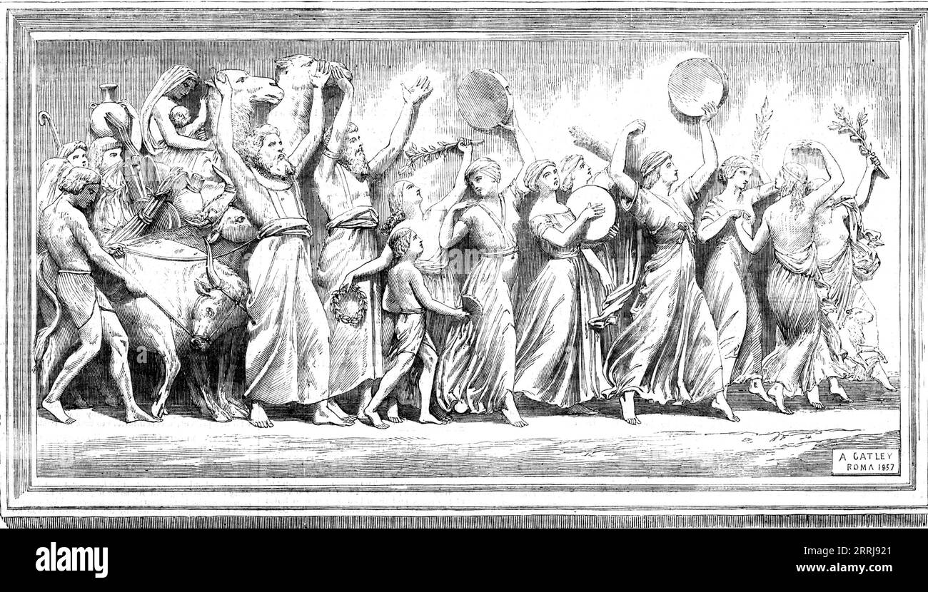 Bas-relief, "le chant de Miriam et Moïse", par M. Gatley, pour un mausolée près d'Édimbourg, 1858. Décoration pour un '...mausolée destiné à être érigé à la mémoire de M. William Henry Millar...[le panneau doit] être en marbre de Carrare... seize pieds de hauteur sur dix-huit de longueur...[et montre] une procession triomphale de seize personnages, avec des chameaux et des boeufs portant le butin des Égyptiens. De la longue captivité des Israélites - près de 400 ans - il est juste de supposer qu'ils avaient dans une certaine mesure adopté le costume du pays. En plus de cela, ils ont été commandés à sp Banque D'Images