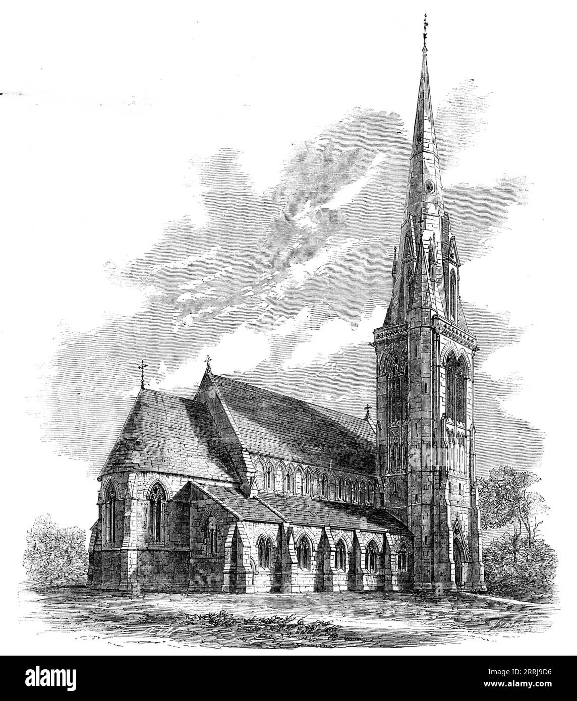 Nouvelle église de St. Matthias, Richmond-Hill, 1858. La nouvelle église est avantageusement située à la périphérie de la ville, et forme un objet frappant loin et près dans le paysage. L'effet général de l'extérieur sera obtenu par une inspection de l'illustration ci-jointe, qui est prise du nord-est. Les murs sont en chiffon Kentish, avec des pansements de pierre blanche, et les toits sont recouverts d'ardoises Bangor. Le style adopté est le style géométrique pointu, mais il n'est en aucun cas somptueux dans l'ornement, car, à l'exception du front ouest, l'effet de la conception dépend principalement Banque D'Images