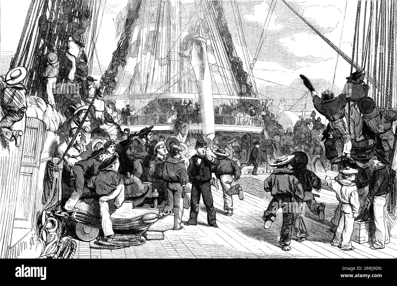 La visite de la Reine à Cherbourg - Piping Hands to Man yards, 1858. Un des sites les plus excitants et agréables qui se déroule sur un navire de guerre... quand les pipes de bateau à man yards, les Jacks, tous désireux et désireux d'obtenir la position la plus haute et la plus importante sur les yards ou les haubans, répondez à cet appel avec la plus grande alacrité... la scène passionnante suivante s'est produite avec la flotte à Spithead à l'occasion de la présence de sa Majesté avant son départ pour Cherbourg : tout d'un coup, les marins pouvaient être vus grouiller les haubans comme des abeilles, couvrant le gréement alors qu'ils montaient du hig Banque D'Images